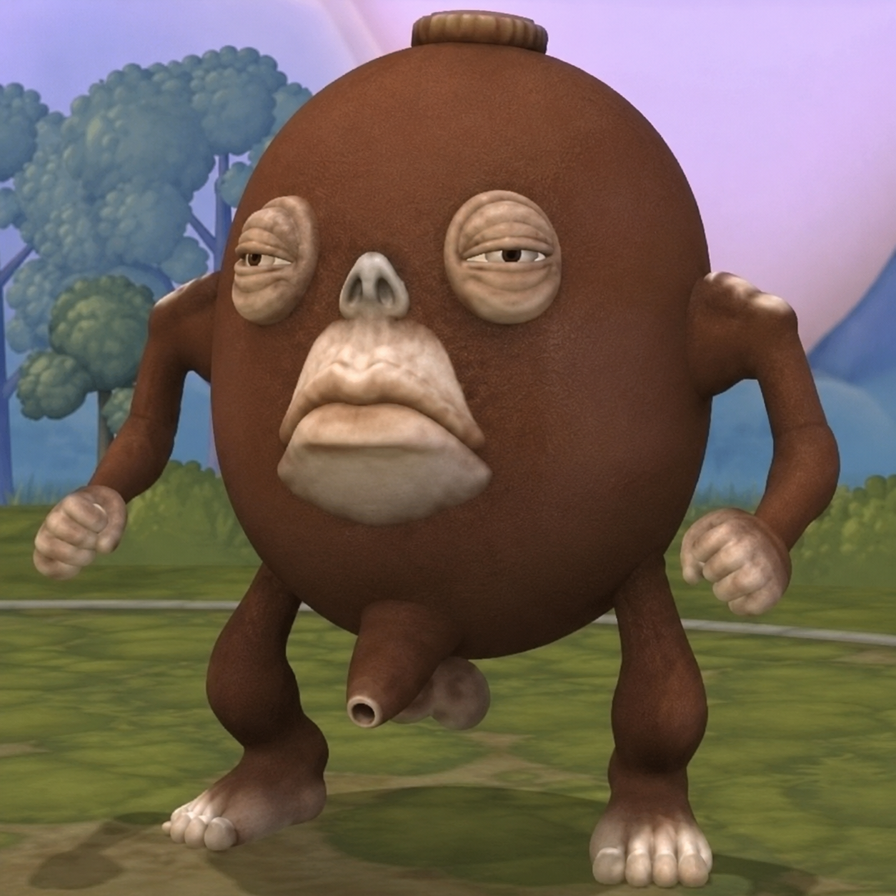 Close portrait of POPO, a brown egg-shaped creature with heavy-lidded sleepy eyes and big drooping lips, standing in a cartoon grass field
